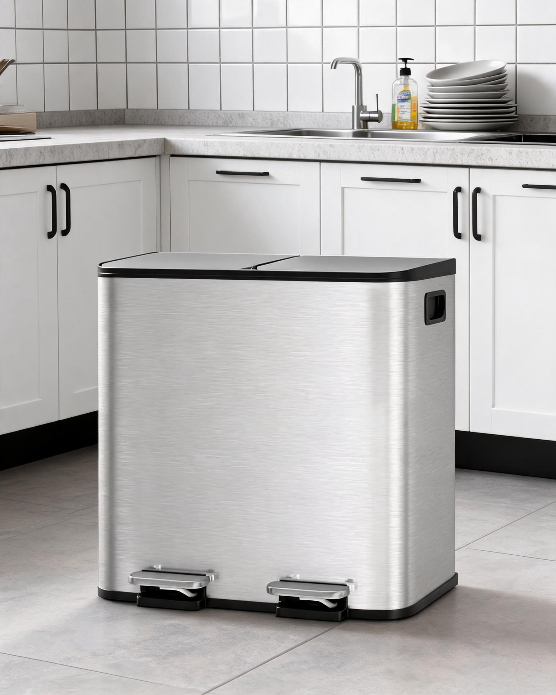 Garbage Buckets TEQIN Stainless Steel Dual Compartment Kitchen Trash Can, 2 x 10.6 gal ...