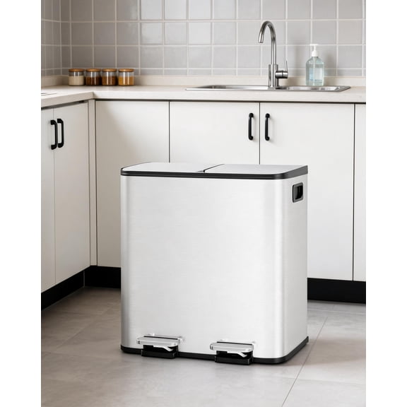 TEQIN Stainless Steel Dual Compartment Kitchen Trash Can, 2 x 10.6 gal Pedal Garbage Bin with Soft-Close Lids, Removable Inner Buckets, Step-on Garbage Cans for Waste Sorting Recycling