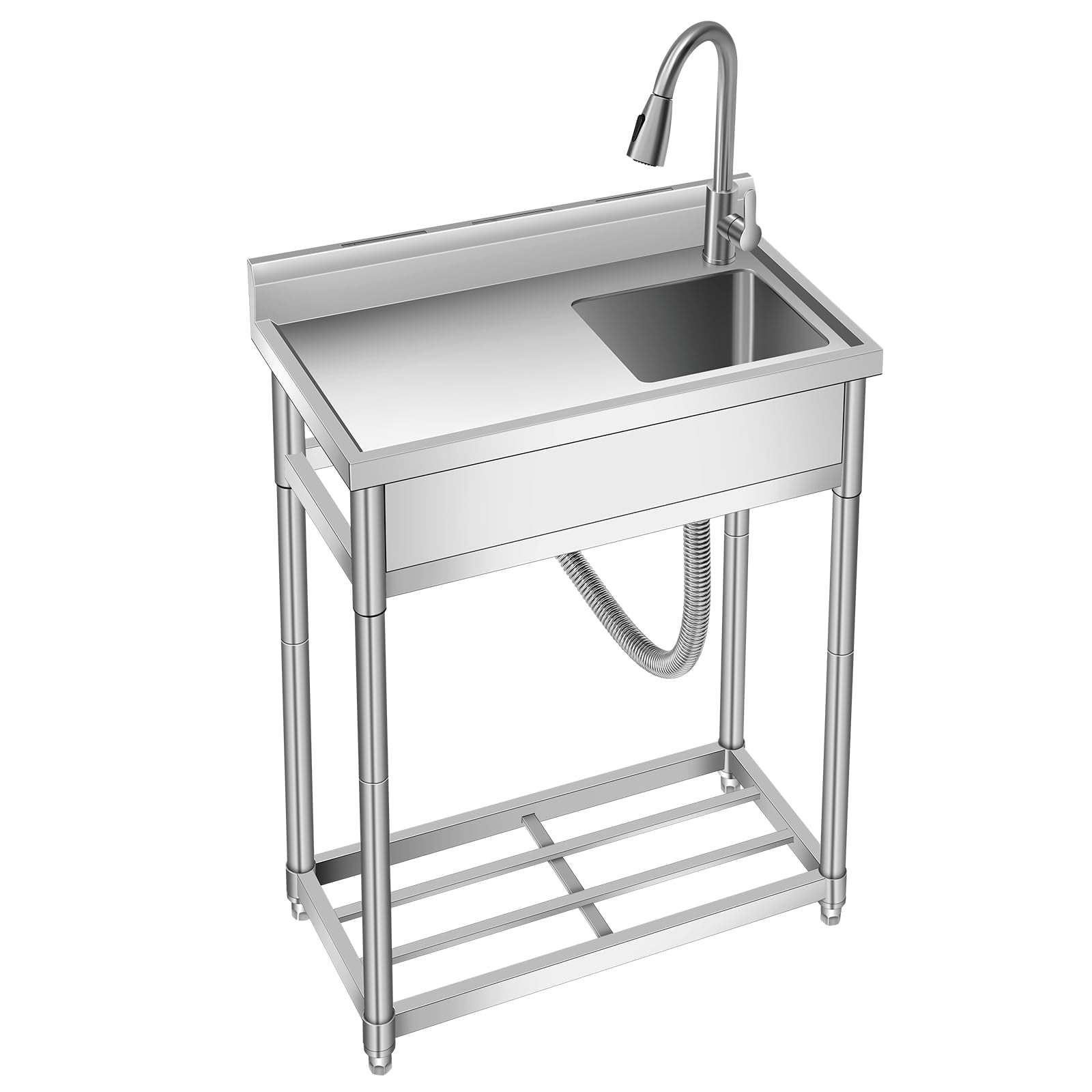 TEQIN Stainless Steel Utility Sink, Free Standing Single Bowl Commercial Kitchen Sink with Faucet, Utility Basin Workbench with Water Pipe for Garage Restaurant Laundry Bathroom