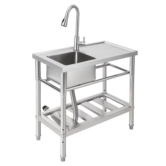 TEQIN Stainless Steel Utility Sink, Free Standing Single Bowl Commercial Kitchen Sink with Faucet, Utility Basin Workbench with Water Pipe for Garage Restaurant Laundry Bathroom