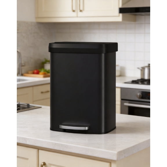 TEQIN Step-On Trash Can, Kitchen Garbage Bin With Soft Close Lid,Rustproof Stainless Steel Kitchen Trash Bin, Inner Bucket Rim & Rear Handle, 13 Gallon / 50 Liter