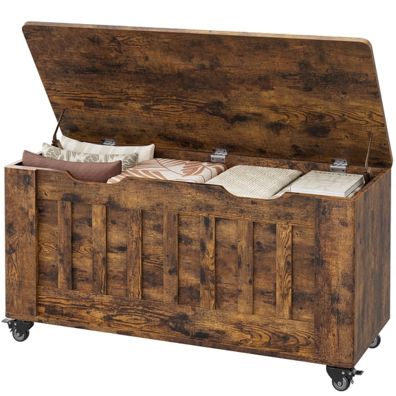 TEQIN Storage Chest, 39.4'' Wooden Storage Bench with 4 Wheels & 2 Safety Hinges, Entryway Storage Bench Support 300 lbs for Bedroom, Living Room, Easy Assembly, Rustic Brown Toys Box