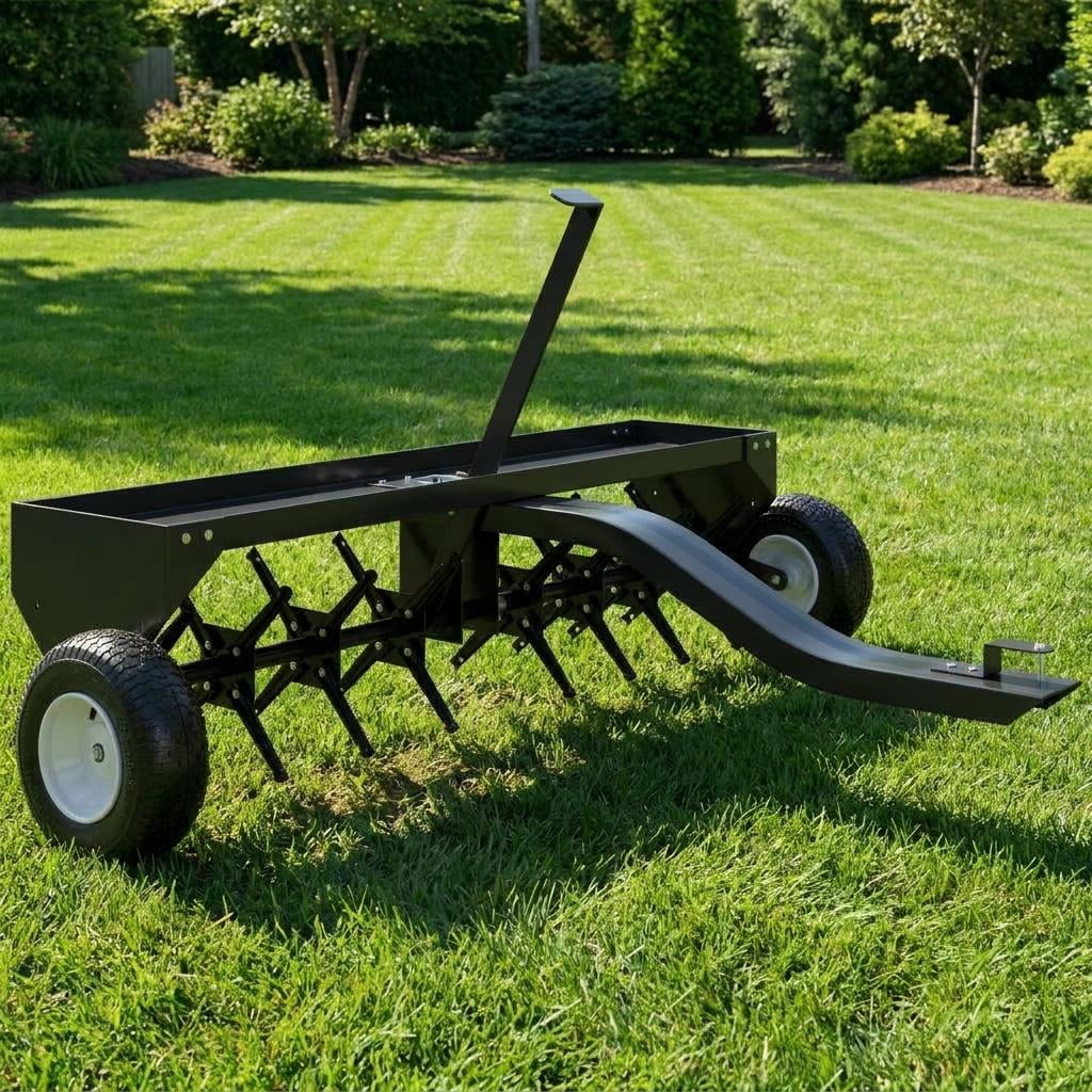 TEQIN Tow Behind Lawn Aerator,Tow Behind Aerator, Heavy Duty Plug Aerator With Hitch, Lawn Aerator Tow Behind With Steel Tines, Plug Aerator Tow Behind With Tray & Inflatable Wheels
