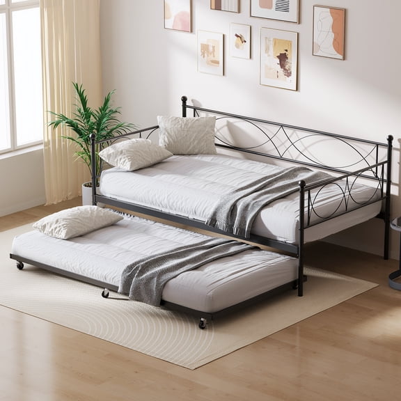 TEQIN Twin Daybed and Trundle Frame Set,Premium Steel Slat Support, Daybed and Roll Out Trundle Accommodate, No Box Spring Needed,Without Mattresses