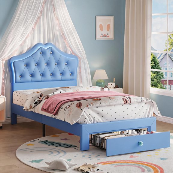 TEQIN Twin Size Bed Frame Storage Drawers & LED Lights, Romantic Upholstered Platform Bed, Velvet Crystal Button Princess Bed, Noise-Free Slats, No Box Spring Needed