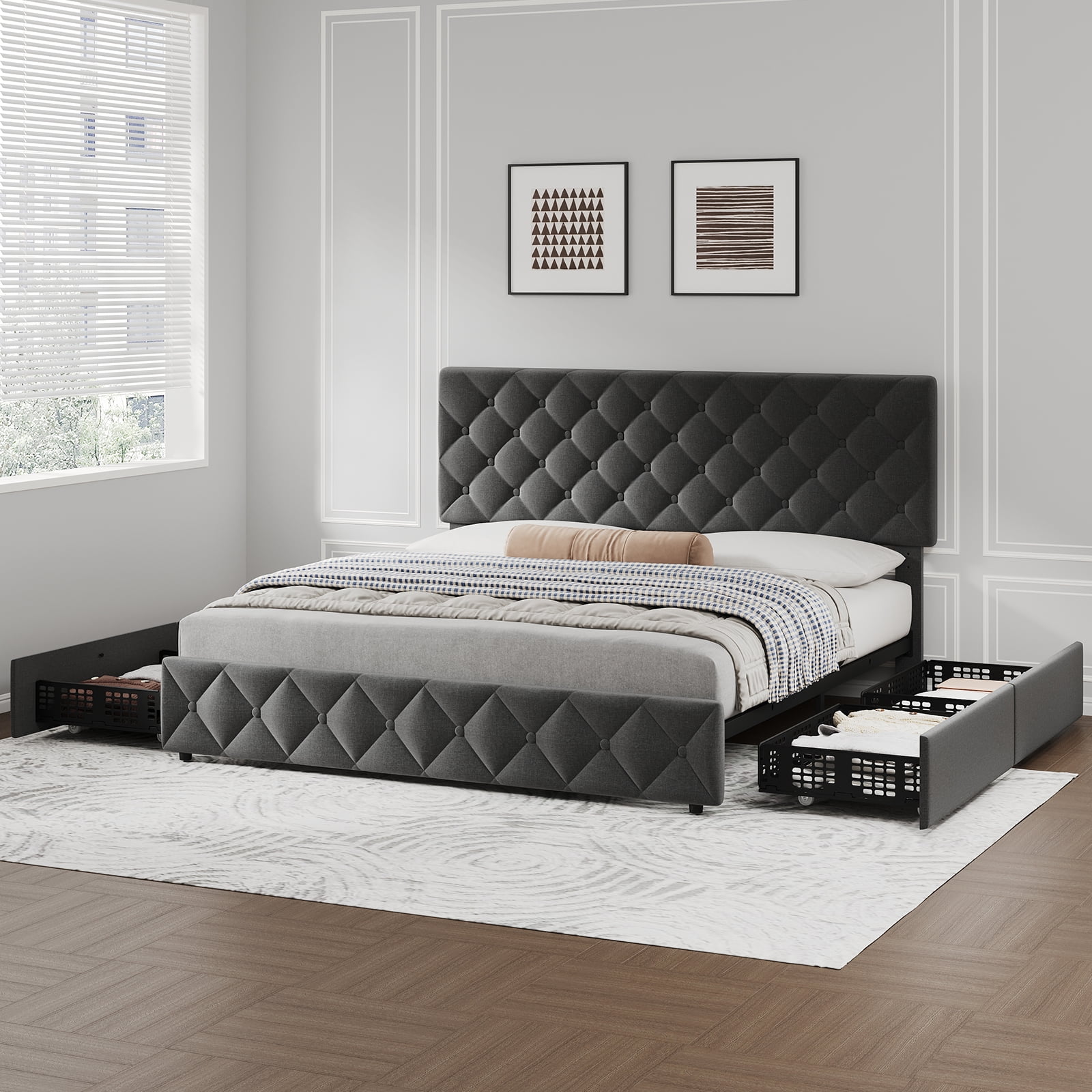 TEQIN Upholstered Queen Bed Frame with 4 Storage Drawers, Diamond Tufted Fabric Platform Bed with Sturdy Support,No Box Spring Needed, Easy Assembly, Noise Free
