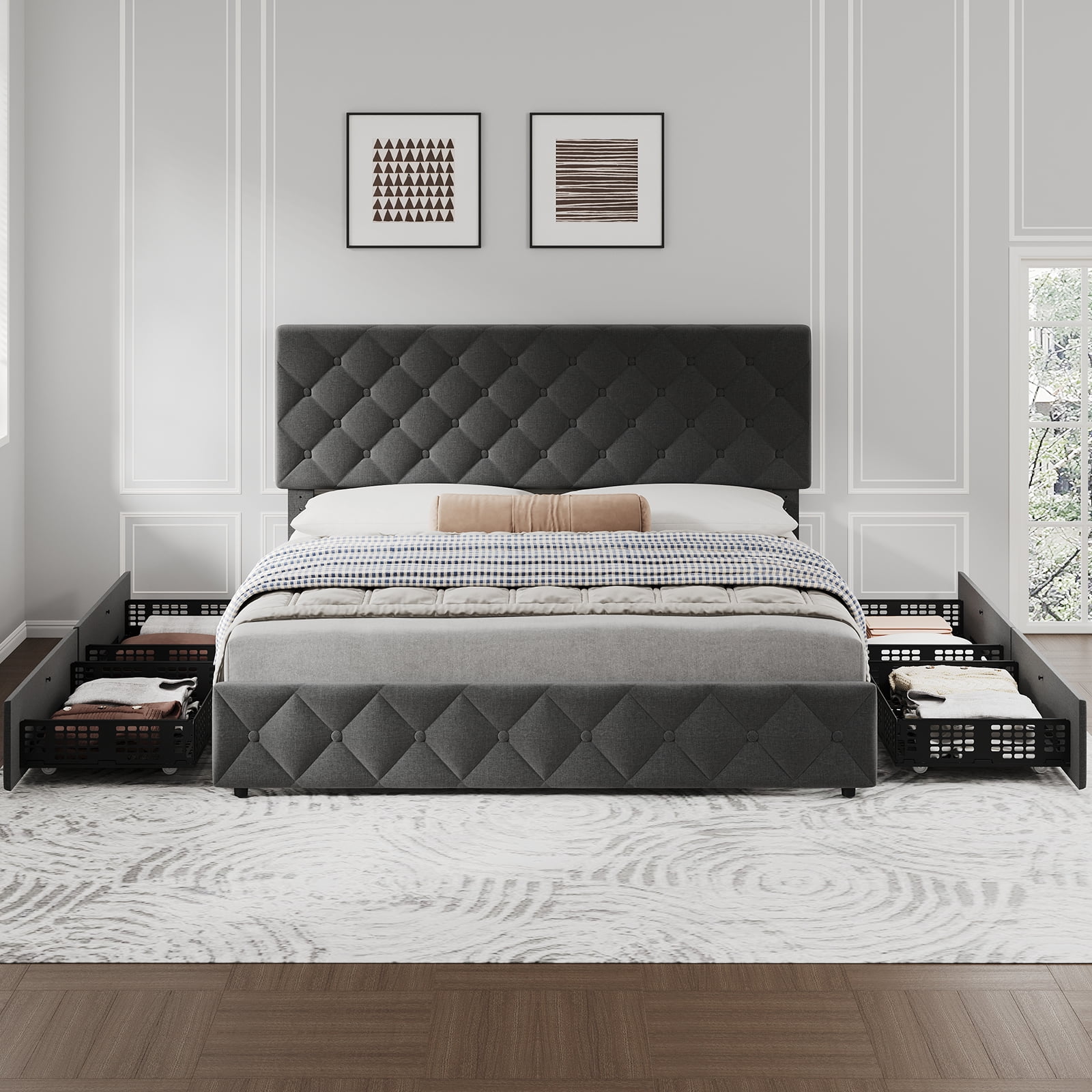 TEQIN Upholstered Queen Bed Frame with 4 Storage Drawers, Diamond Tufted Fabric Platform Bed with Sturdy Support,No Box Spring Needed, Easy Assembly, Noise Free