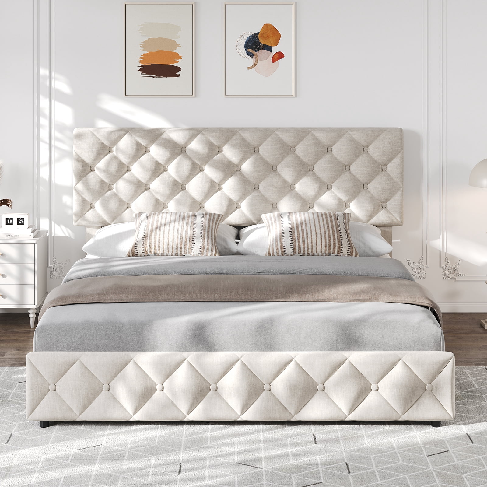 TEQIN Upholstered Queen Bed Frame with 4 Storage Drawers, Diamond Tufted Fabric Platform Bed with Sturdy Support,No Box Spring Needed, Easy Assembly, Noise Free