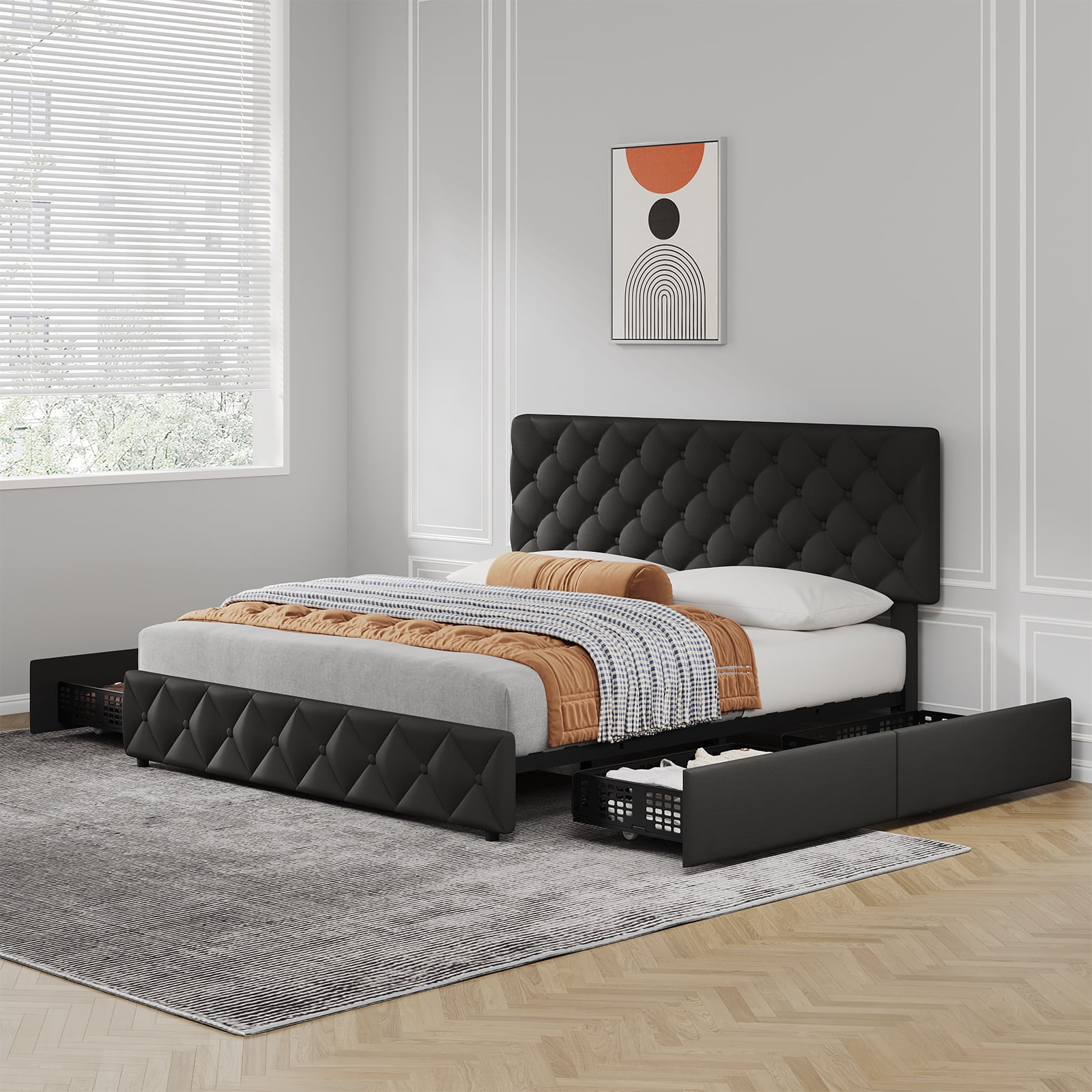 TEQIN Upholstered Queen Bed Frame with 4 Storage Drawers, Diamond Tufted Fabric Platform Bed with Sturdy Support,No Box Spring Needed, Easy Assembly, Noise Free
