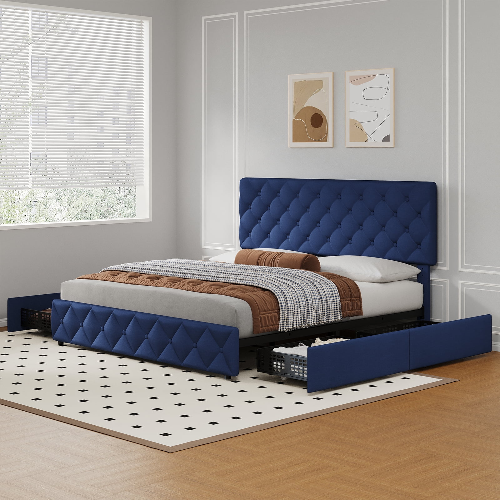 TEQIN Upholstered Queen Bed Frame with 4 Storage Drawers, Diamond Tufted Fabric Platform Bed with Sturdy Support,No Box Spring Needed, Easy Assembly, Noise Free