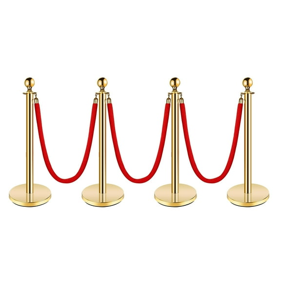 TEQIN VIP Stanchion Queue Pole Barrier Posts,Gold Stanchion Post Queue With Red Velvet Ropes, Stainless Steel Red Carpet Ropes and Poles, Crowd Control Safety Barriers for Parties, Banks, Museums