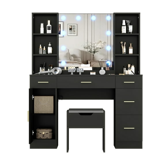 TEQIN Vanity Desk Set with Large Lighted Mirror, Makeup Table with 5 Drawers & Stool, 2 AC Outlets and 2 USB Ports, Adjustable Lighting, Modern Ample Storage Dressing Table For for Bedroom
