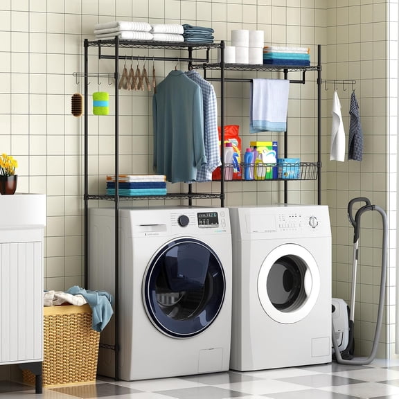 TEQIN Over Washer and Dryer Shelves,Heavy Duty Laundry Above Washer Dryer Storage Rack Space Saver,4 Tier Adjustable Height Wire Shelving and Wire Basket with Hanger Rod&Hook,Space Saving Shelf