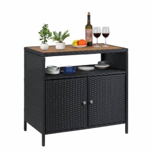 TEQIN Wicker Outdoor Storage Cabinet,Rattan Outdoor Bar Table,Powder Coated Steel Frame,Patio Bar Table with 2-Door and Shelf,All Weather Resin Wicker,Patio Pool Garden Kitchen