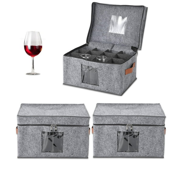 TEQIN Wine Glass Storage Box 3-Pack, Stemware Container Cases, Stackable w/Hard Shell Top Sides Bottom, Moving Supplies, Stemware Storage Container for 36 Crystal Glasses Drinkware 10'' Tall, Grey