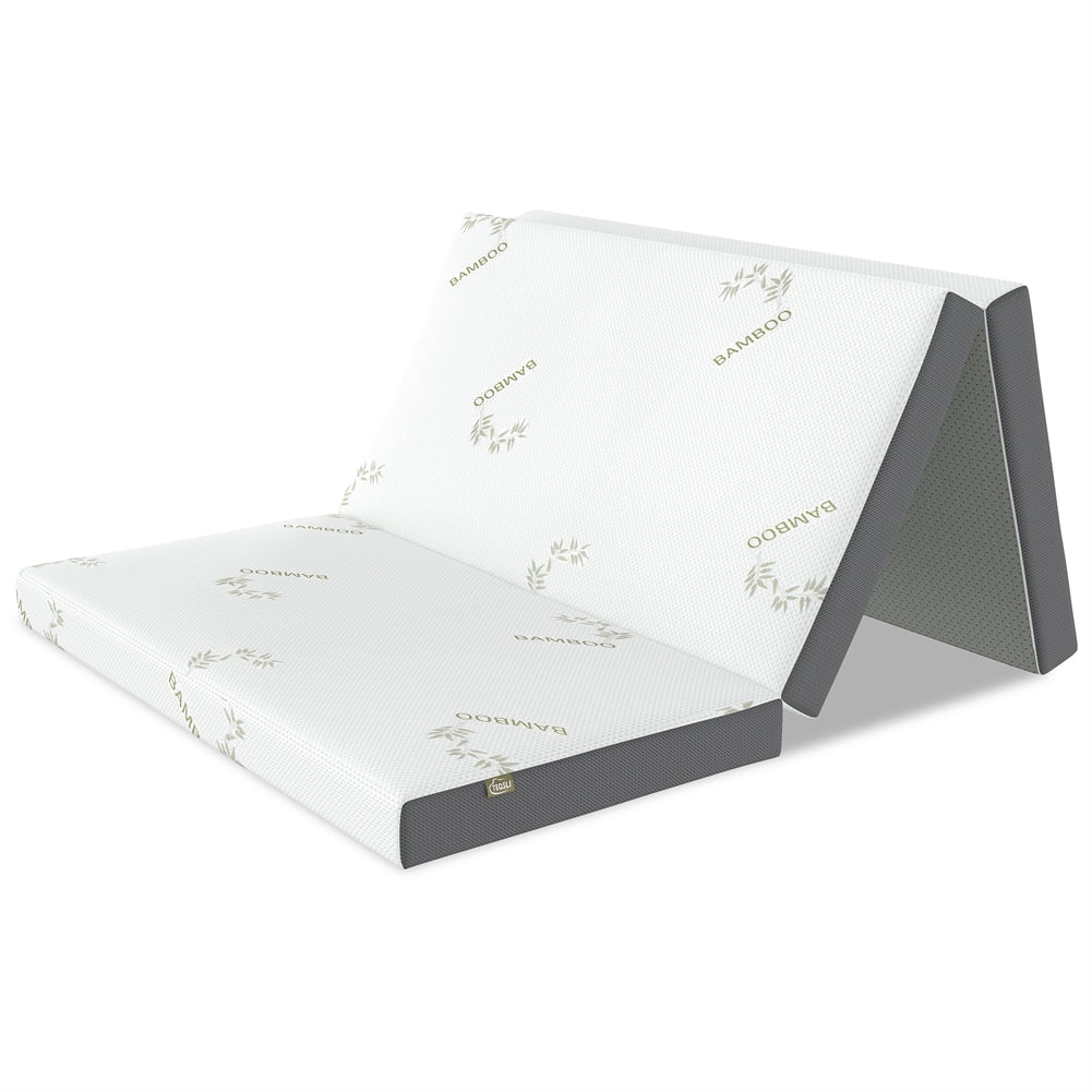 TEQSLI 4 Inch Folding Mattress, Portable Trifold Gel Memory Foam Fold Mattresses, Guest Bed