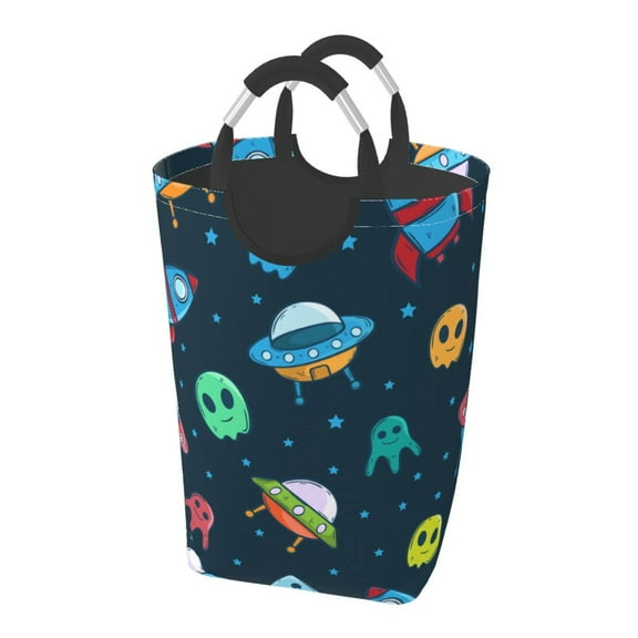 TEQUAN 50L Large Rectangular Laundry Hamper with Aluminum Handles, Cartoon UFO Spaceship Rockets Prints Waterproof Foldable Dirty Clothes Basket