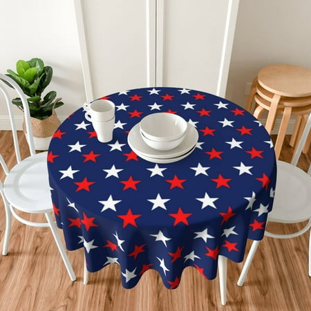 TEQUAN 60" Round Tablecloth, America Patriotic Red White Blue Stars Pattern Washable Polyester Table Cloth, Waterproof Wrinkle Resistant Decorative Table Cover
