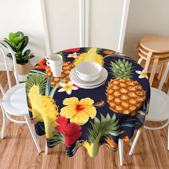 TEQUAN 60" Round Tablecloth, Tropical Pineapples Flowers Pattern Washable Polyester Table Cloth, Waterproof Wrinkle Resistant Decorative Table Cover