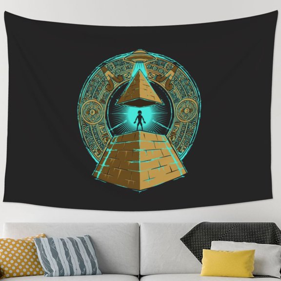 TEQUAN Cartoon Pyramid Ufo Alien Pattern Large Tapestry, Aesthetic Tapestries Wall Hanging for Bedroom Living Room College Dorm Decor, 90 x 60 inches