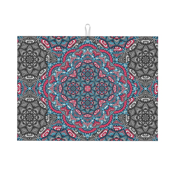 TEQUAN Dish Drying Mat for Kitchen Counter, Microfiber Super Absorbent Geometric Mandala Floral Tribal Style Prints Dish Drainer Mats, 18 x 24 inches