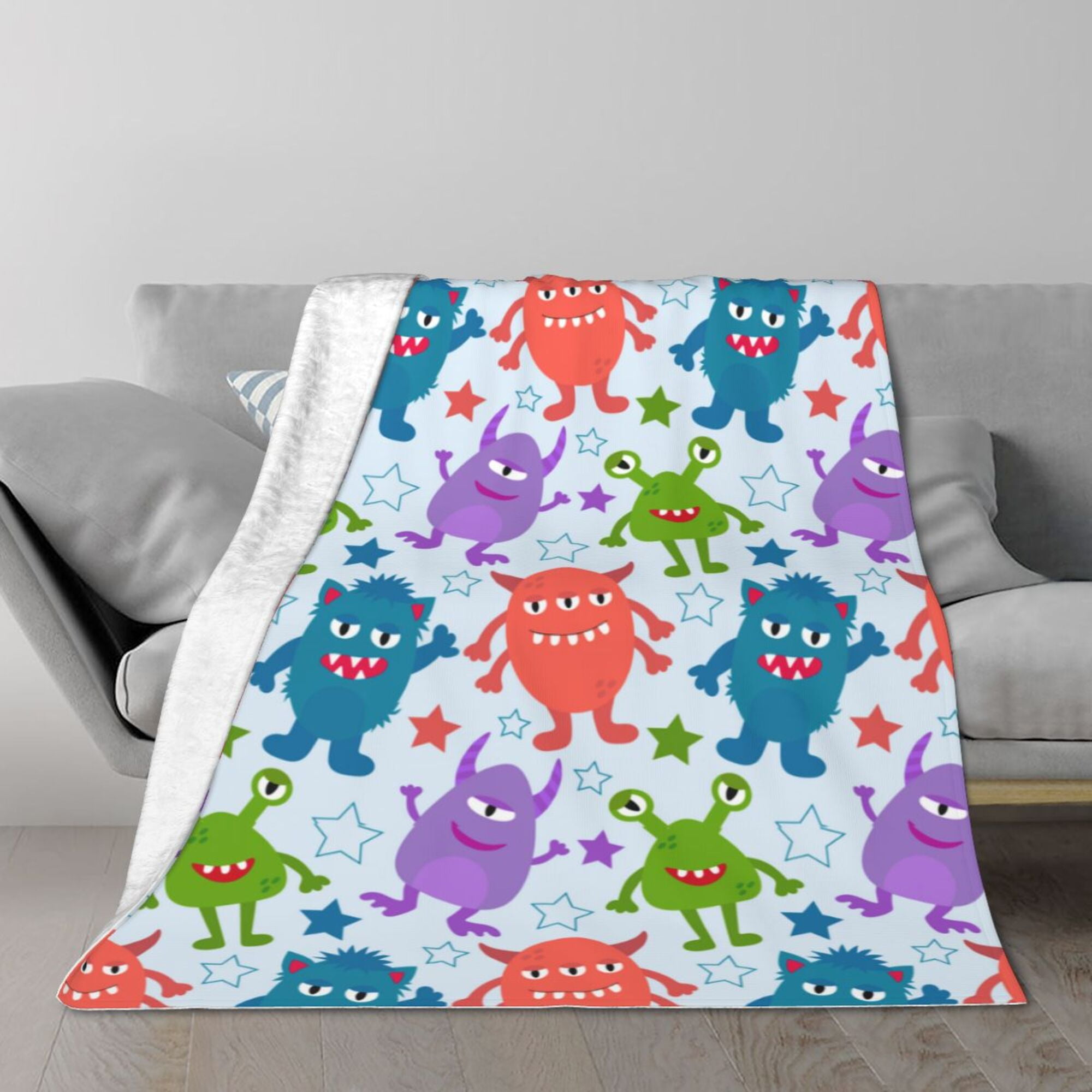 TEQUAN Double Layer Plush Bed Blanket, Cute Colorful Alien Monsters