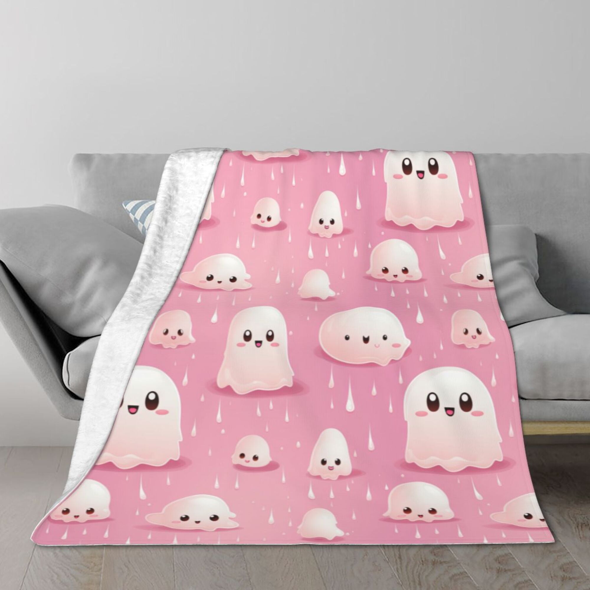 TEQUAN Double Layer Plush Bed Blanket Cute Pink Ghosts Pattern