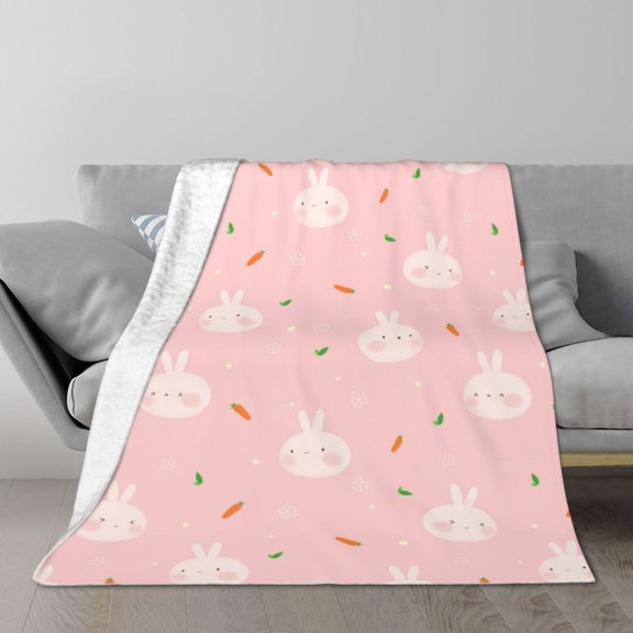 TEQUAN Double Layer Plush Bed Blanket, Cute Rabbit Carrot Flower Pattern Cozy Soft Air Conditioner Throw Blankets, 50" x 40"