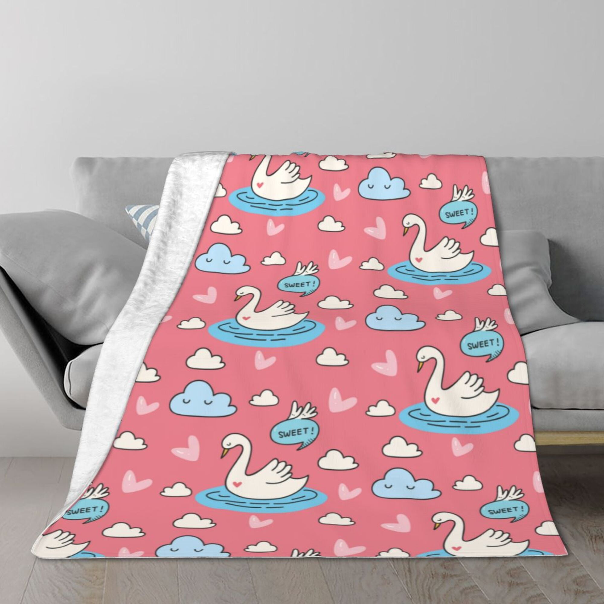 Pink Swan Pattern Print Blanket