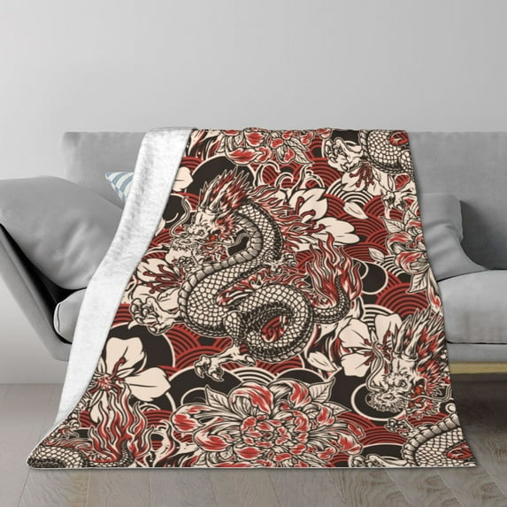 TEQUAN Double Layer Plush Bed Blanket, Fantasy Dragon Flowers Waves Pattern Cozy Soft Air Conditioner Throw Blankets, 80" x 60"