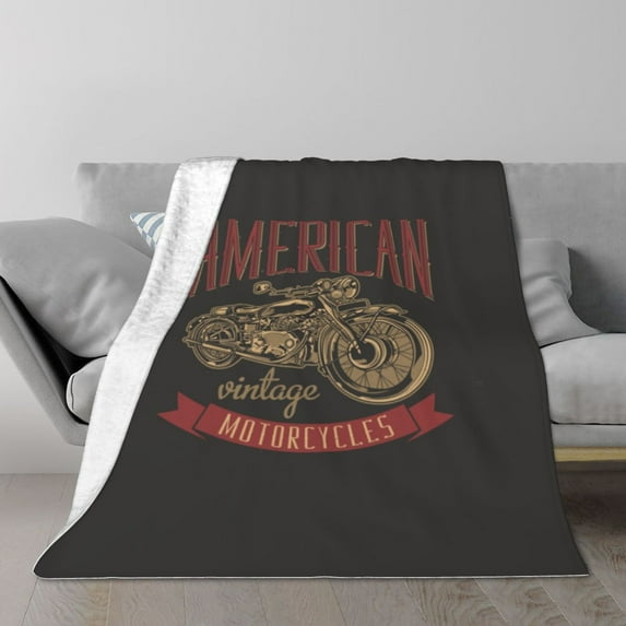 TEQUAN Double Layer Plush Bed Blanket, Vintage Classic American Motorcycle Pattern Cozy Soft Air Conditioner Throw Blankets, 50" x 40"