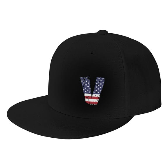 TEQUAN Flat Brim Hat Snapback Hats, Alphabet V America Usa Flag Pattern Adjustable Men Baseball Cap (Black)