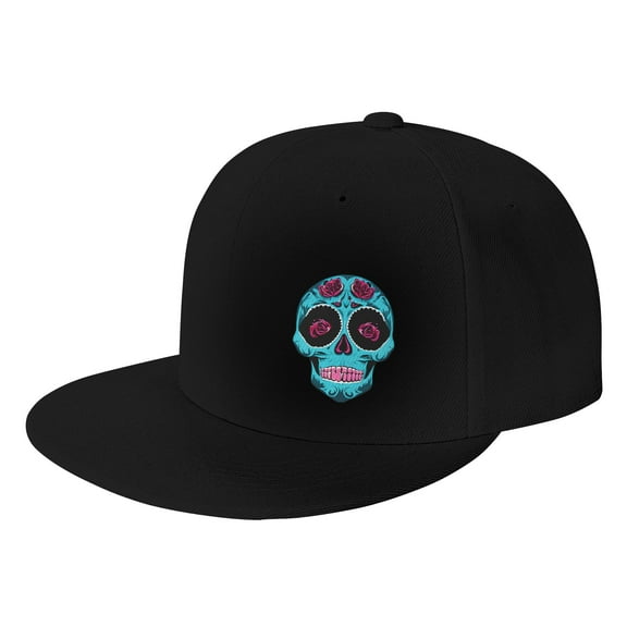 TEQUAN Flat Brim Hat Snapback Hats, Cartoon Sugar Skull Flowers Pattern Adjustable Men Baseball Cap (Black)