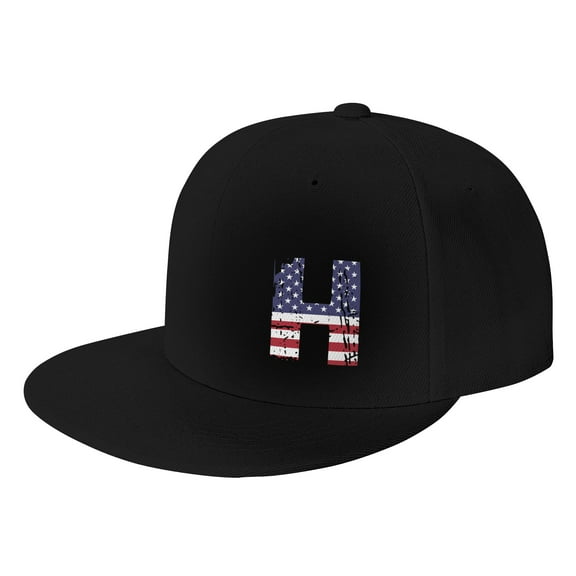 TEQUAN Flat Brim Hat Snapback Hats, Letter H America Usa Flag Pattern Adjustable Men Baseball Cap (Black)