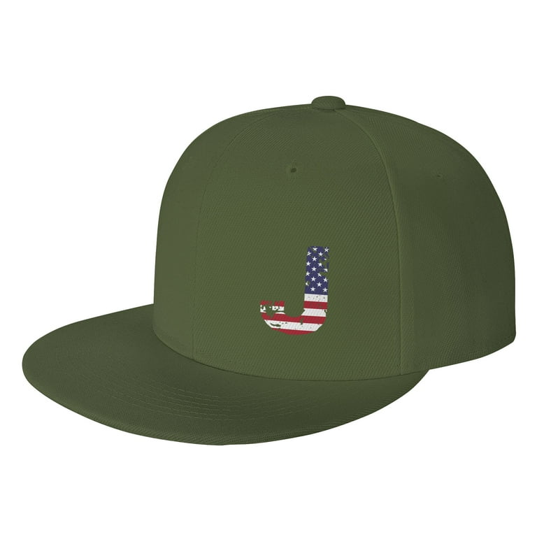 TEQUAN Flat Brim Hat Snapback Hats, Letter J America Usa Flag Pattern  Adjustable Men Baseball Cap (Green)