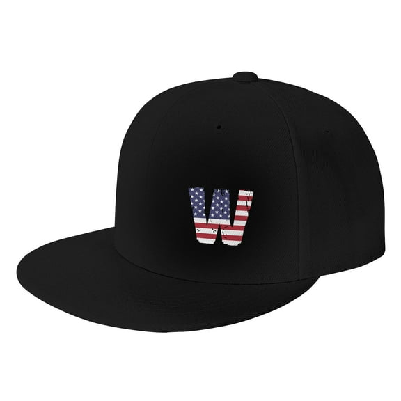 TEQUAN Flat Brim Hat Snapback Hats, Letter W Usa Flag Stickers Pattern Adjustable Men Baseball Cap (Black)