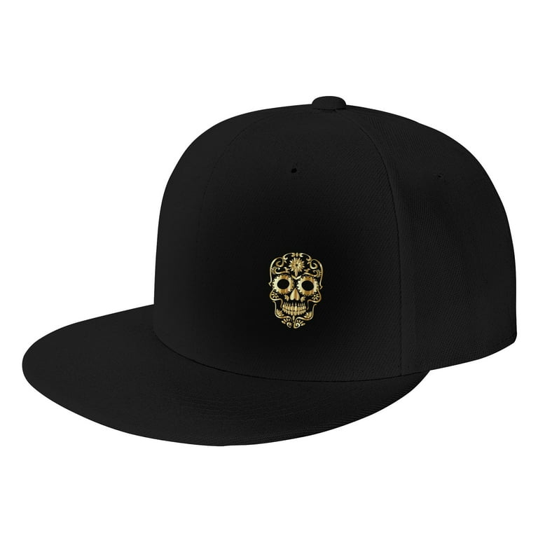 TEQUAN Flat Brim Hat Snapback Hats, Sugar Skull Bones Pattern Adjustable  Men Baseball Cap (Black)