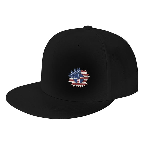 TEQUAN Flat Brim Hat Snapback Hats, Sunflower American Flag Pattern Adjustable Men Baseball Cap (Black)