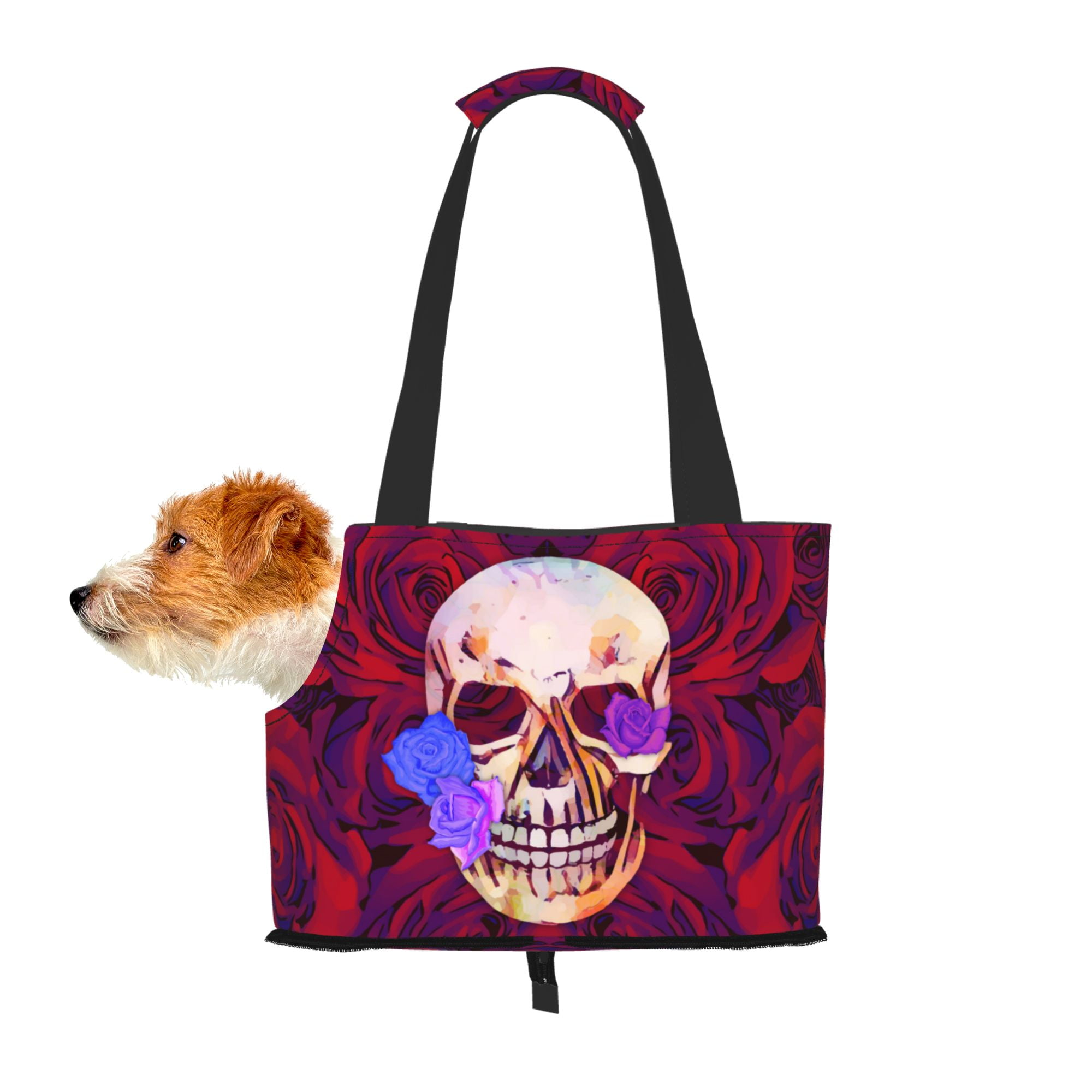 TEQUAN Foldable Dog Purse Carrier, Collapsible Red Rose Skull Prints ...