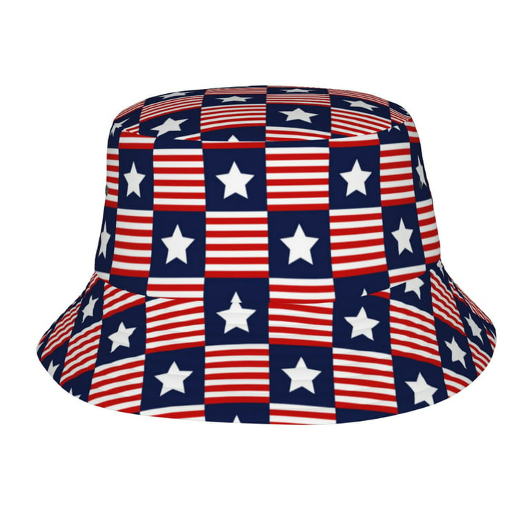 TEQUAN Foldable Polyester Adult Bucket Hat Abstract Blue Red White Stars  Flag Prints Sun Beach Fishing Outdoor Cap Unisex 