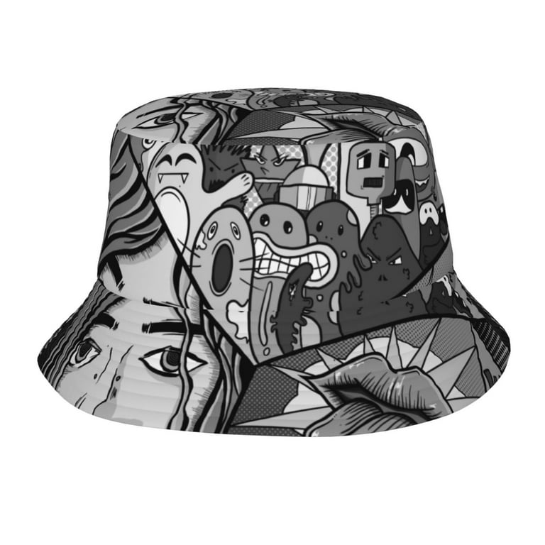 TEQUAN Foldable Polyester Adult Bucket Hat Cartoon Black White Comic Prints  Sun Beach Fishing Outdoor Cap Unisex 