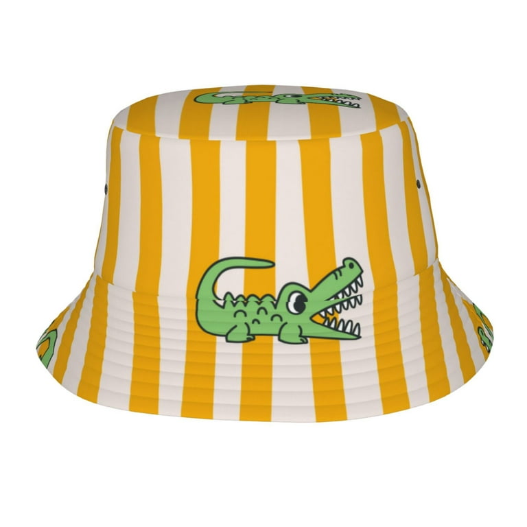 TEQUAN Foldable Polyester Adult Bucket Hat Cute Cartoon Green Crocodile  Prints Sun Beach Fishing Outdoor Cap Unisex