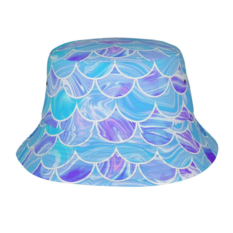 TEQUAN Foldable Polyester Adult Bucket Hat Simplicity Blue Fish Scales  Prints Sun Beach Fishing Outdoor Cap Unisex 