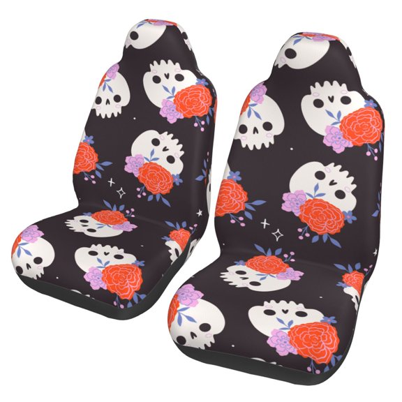 TEQUAN Front Seat Covers, Cute Mexico Skulls Flowers Pattern 2 Piece Car Seat Cover Fit Most Car SUV Truck Van