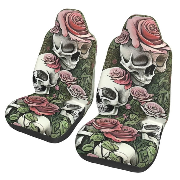 TEQUAN Front Seat Covers, Deadhead Roses Grateful Skulls Dead Skeleton Pattern 2 Piece Car Seat Cover Fit Most Car SUV Truck Van