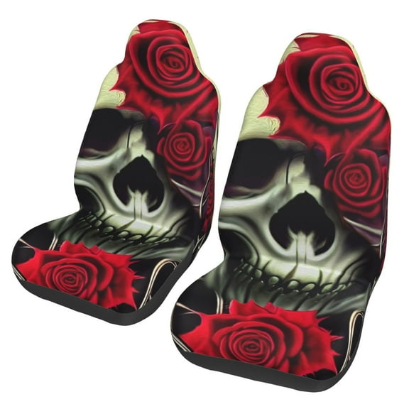 TEQUAN Front Seat Covers, Horror Gothic Death Skull Roses Pattern 2 Piece Car Seat Cover Fit Most Car SUV Truck Van