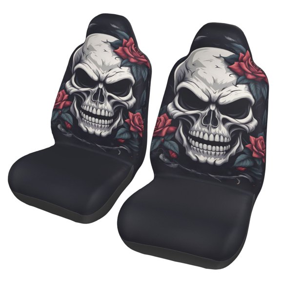 TEQUAN Front Seat Covers, Vintage Skull with Roses Pattern 2 Piece Car Seat Cover Fit Most Car SUV Truck Van