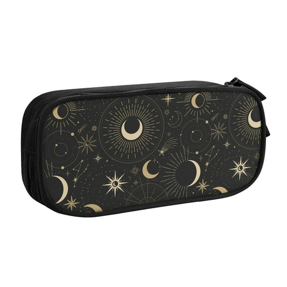 TEQUAN Large Capacity Pencil Case, Astrology Esoteric Moons Stars Pattern Pencil Pouch 2 Compartments Pencil Bag (Black)