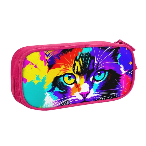 TEQUAN Large Capacity Pencil Case, Colorful Psychedelic Cat Pattern Pencil Pouch 2 Compartments Pencil Bag (Pink)