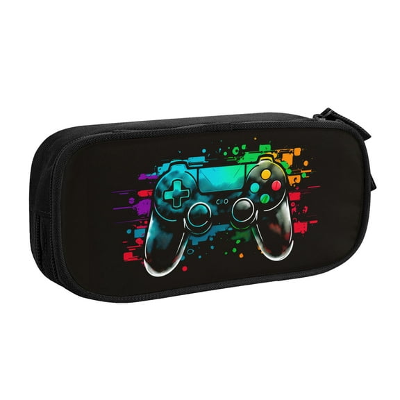 TEQUAN Large Capacity Pencil Case, Colorful Video Game Controller Pattern Pencil Pouch 2 Compartments Pencil Bag (Black)